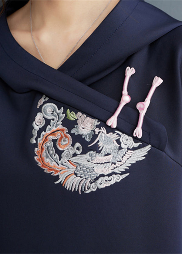 Navy Embroidered Patchwork Cotton Sweatshirt Tops Spring