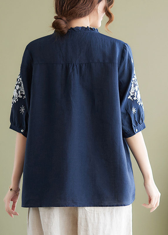 Navy Embroideried Patchwork Wrinkled Linen Shirts Summer