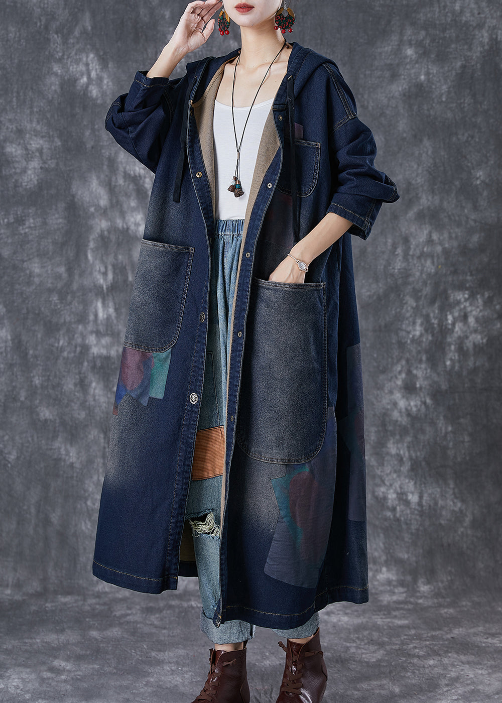 Navy Hooded Asymmetrical Big Pockets Denim Trench Fall