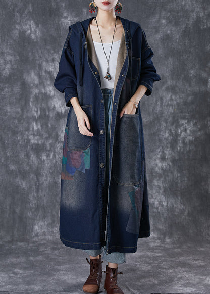 Navy Hooded Asymmetrical Big Pockets Denim Trench Fall