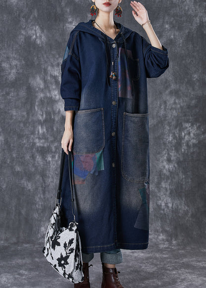 Navy Hooded Asymmetrical Big Pockets Denim Trench Fall