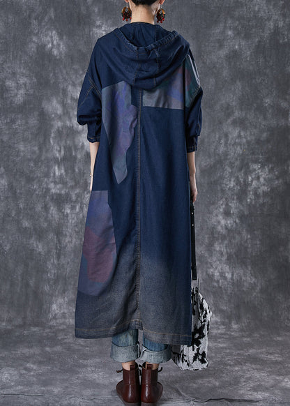 Navy Hooded Asymmetrical Big Pockets Denim Trench Fall