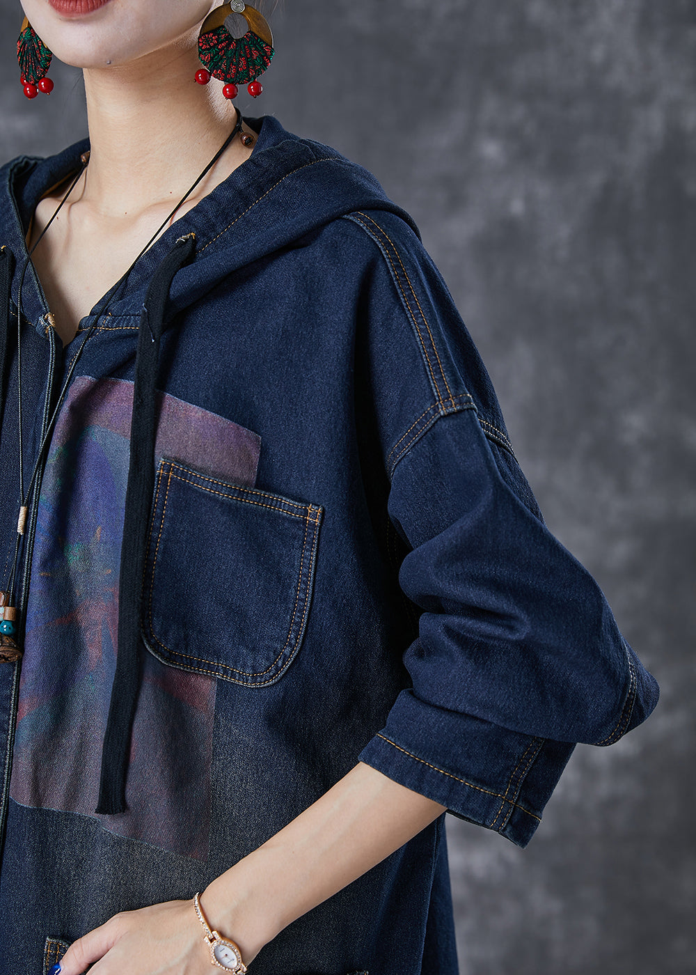Navy Hooded Asymmetrical Big Pockets Denim Trench Fall
