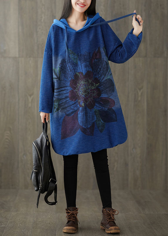 Navy Hooded Print Patchwork Side Open Dress Spring