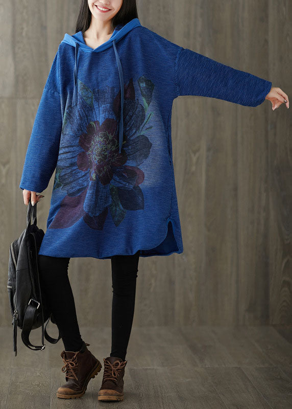 Navy Hooded Print Patchwork Side Open Dress Spring