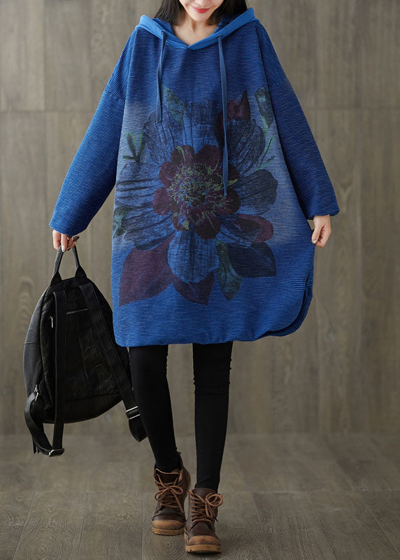 Navy Hooded Print Patchwork Side Open Dress Spring