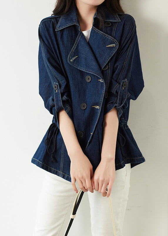 Navy Notched Button Patchwork Denim Coats Fall