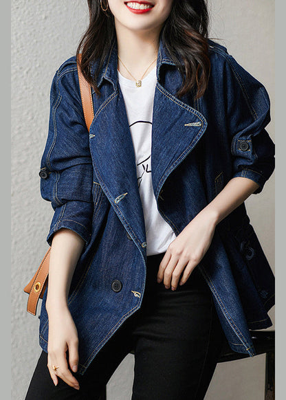 Navy Notched Button Patchwork Denim Coats Fall