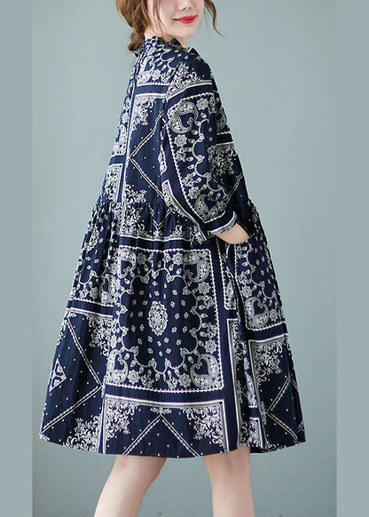 Navy O-neck Patchwork Print Fall Dress Half Sleeve