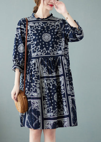Navy O-neck Patchwork Print Fall Dress Half Sleeve