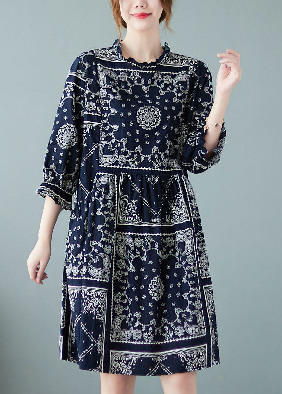 Navy O-neck Patchwork Print Fall Dress Half Sleeve