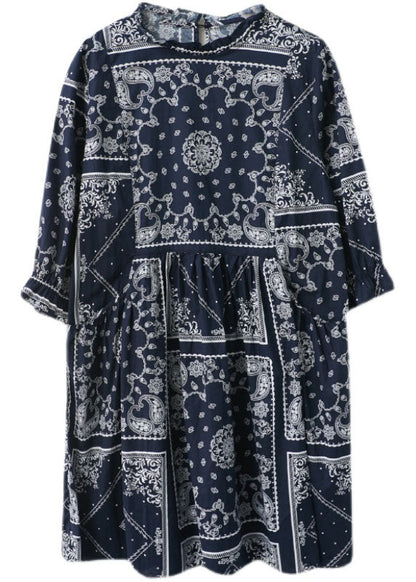 Navy O-neck Patchwork Print Fall Dress Half Sleeve