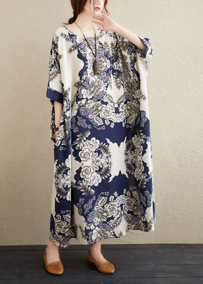 Navy O-neck Print Cotton Maxi Dresses Caftan Short Sleeve