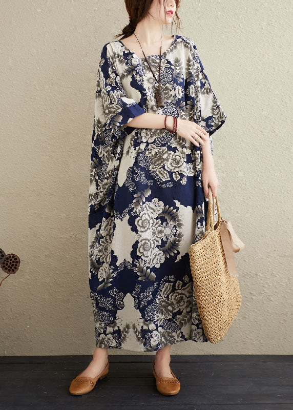 Navy O-neck Print Cotton Maxi Dresses Caftan Short Sleeve