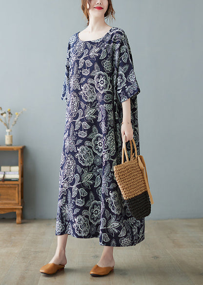 Navy O-neck Print Holiday Long Dress Half Sleeve