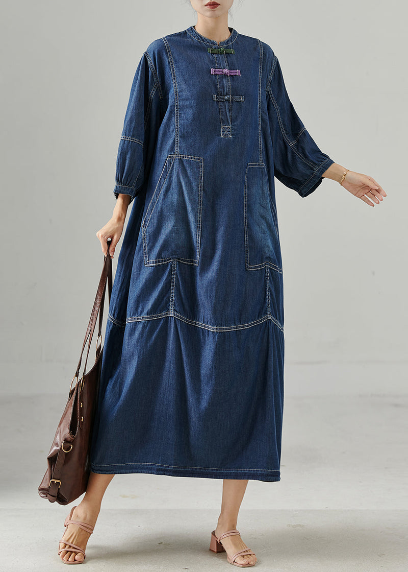 Navy Oversized Chinese Button Denim Dress Bracelet Sleeve