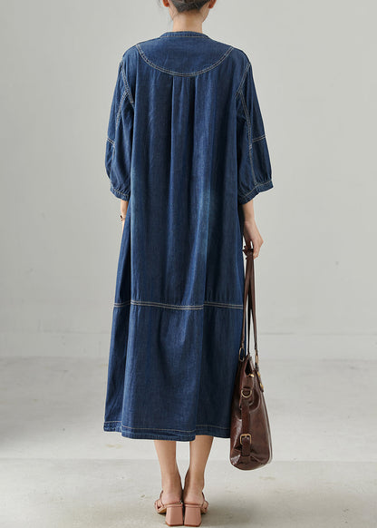 Navy Oversized Chinese Button Denim Dress Bracelet Sleeve