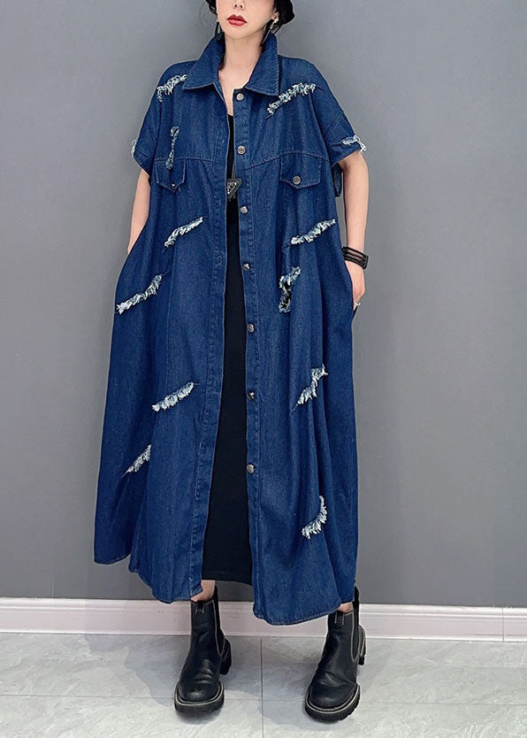 Navy Oversized Cotton Ripped Denim Coat Outwear Short Sleeve