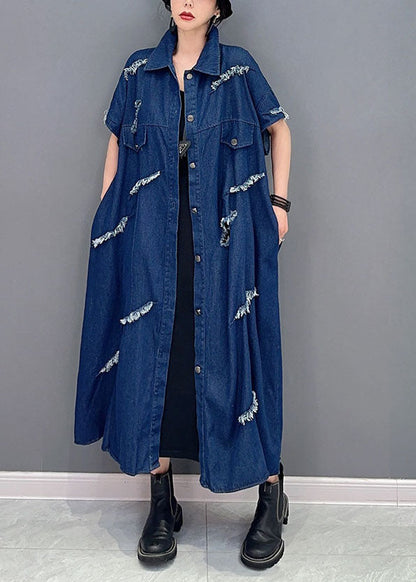 Navy Oversized Cotton Ripped Denim Coat Outwear Short Sleeve