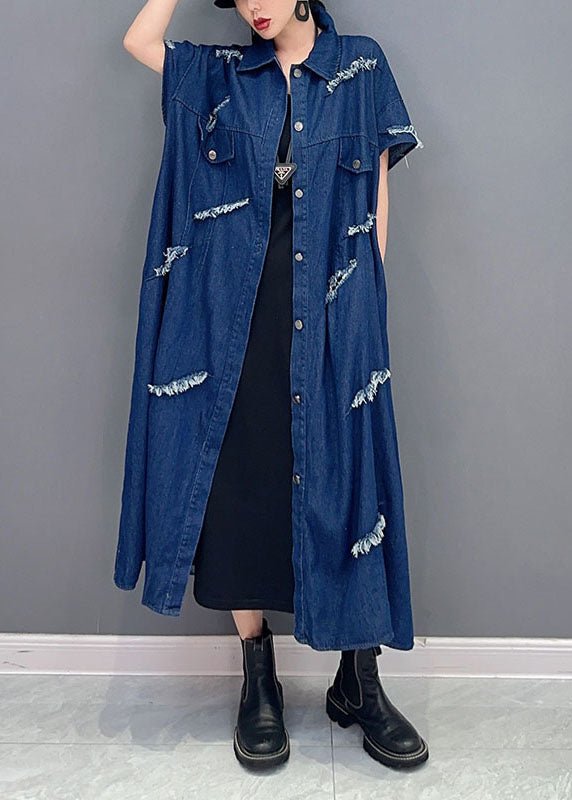 Navy Oversized Cotton Ripped Denim Coat Outwear Short Sleeve