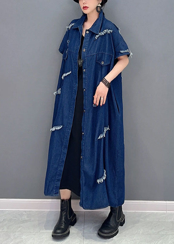 Navy Oversized Cotton Ripped Denim Coat Outwear Short Sleeve