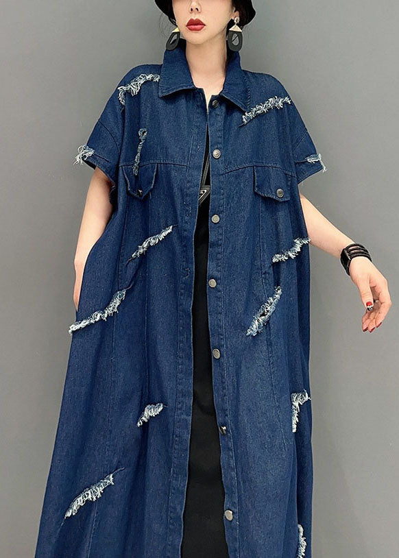 Navy Oversized Cotton Ripped Denim Coat Outwear Short Sleeve