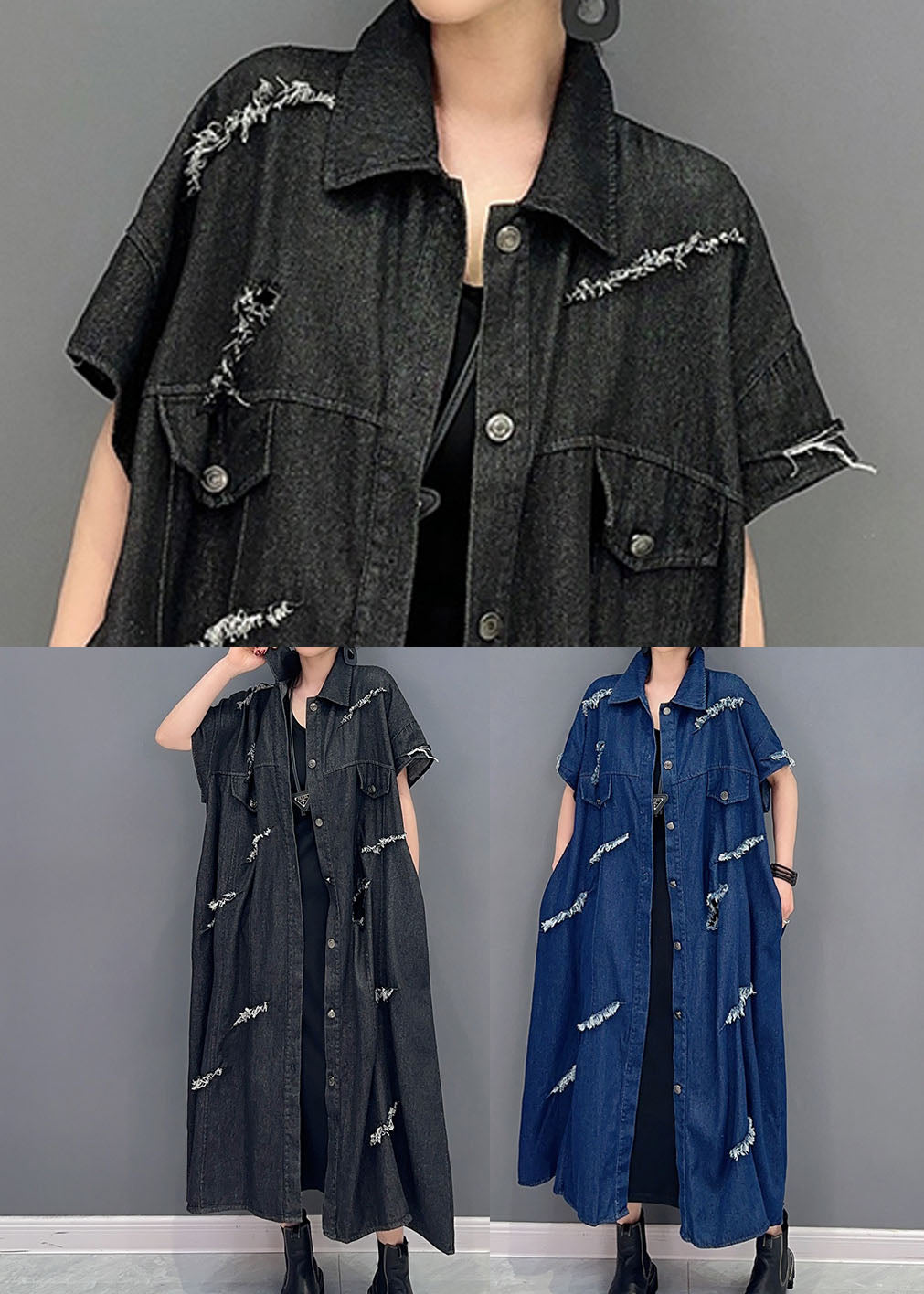 Navy Oversized Cotton Ripped Denim Coat Outwear Short Sleeve