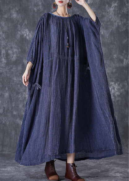 Navy Oversized Drawstring Linen Long Smock Dresses Fall