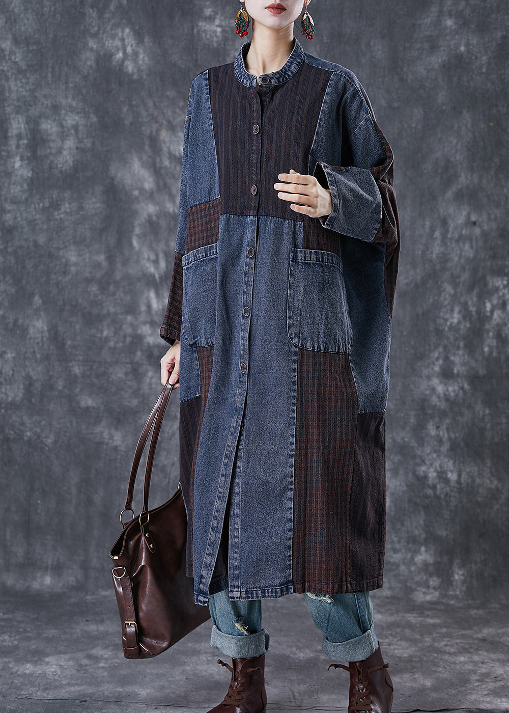 Navy Oversized Patchwork Applique Denim Trench Coat Spring