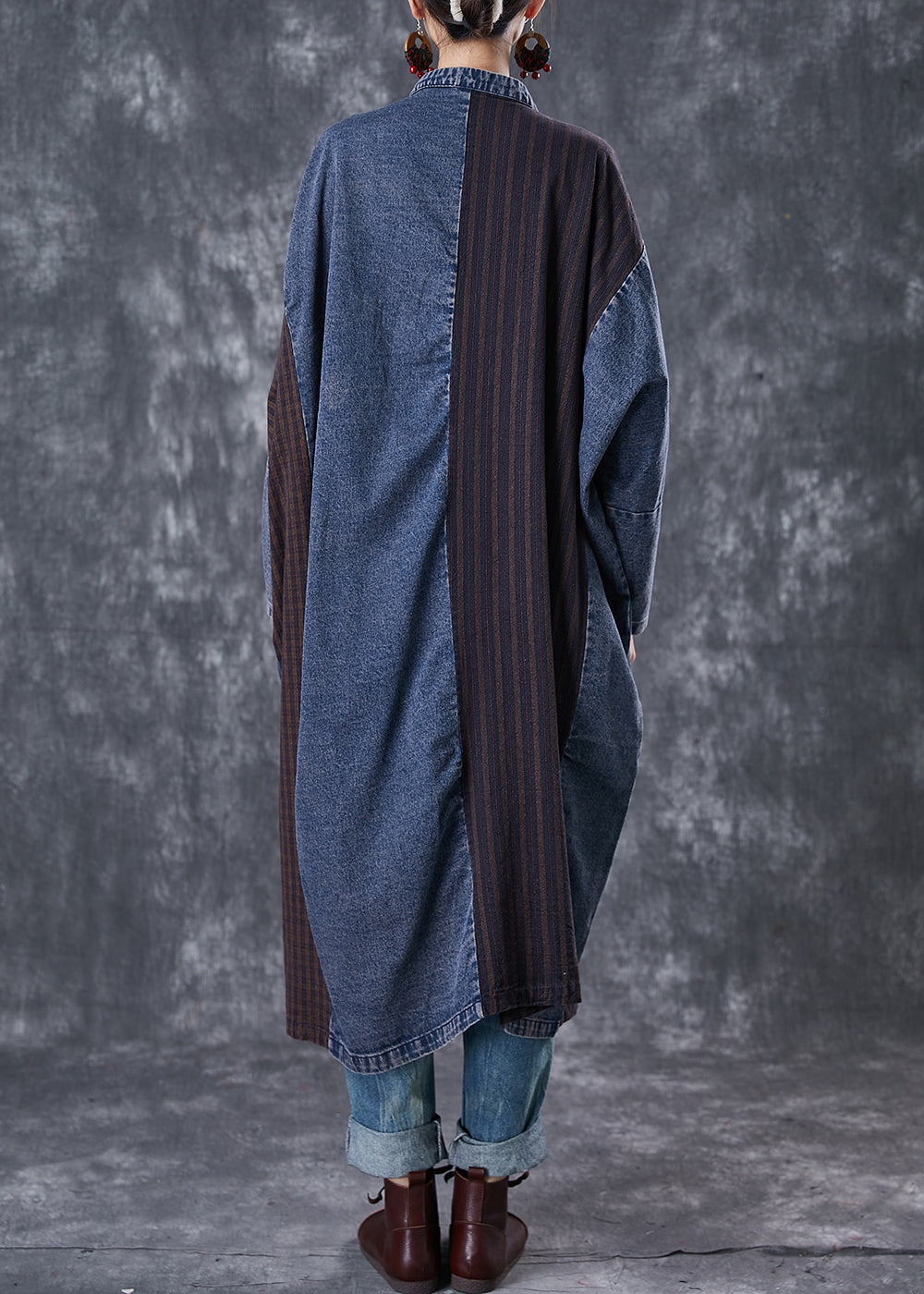 Navy Oversized Patchwork Applique Denim Trench Coat Spring