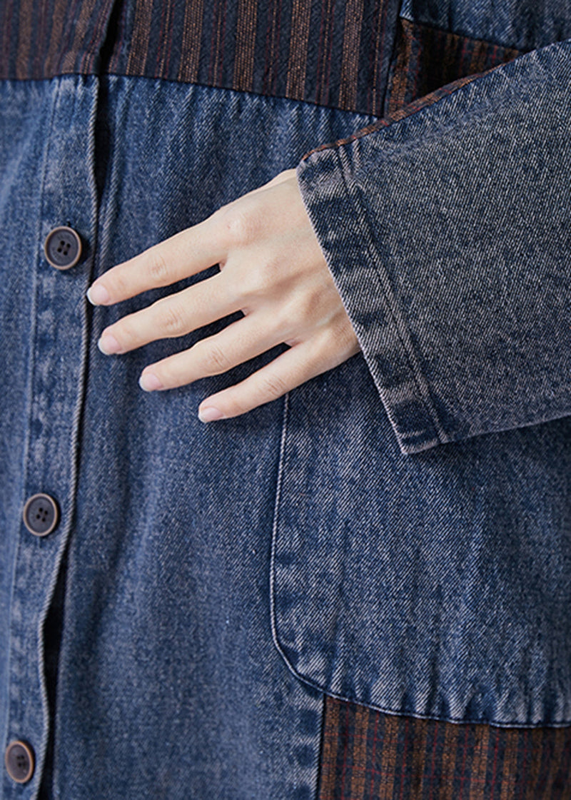 Navy Oversized Patchwork Applique Denim Trench Coat Spring