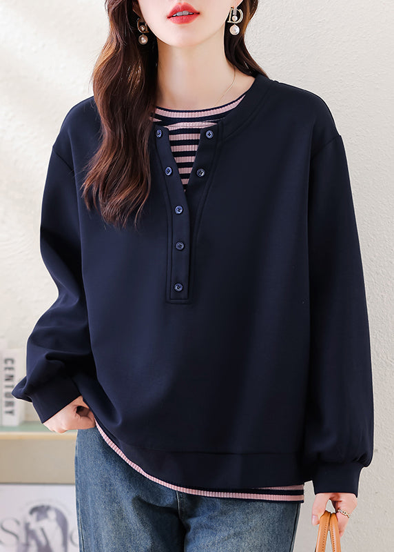Navy Oversized Patchwork Cotton Sweatshirt Fall