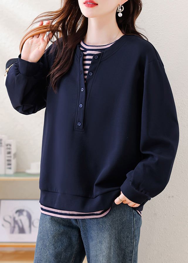Navy Oversized Patchwork Cotton Sweatshirt Fall