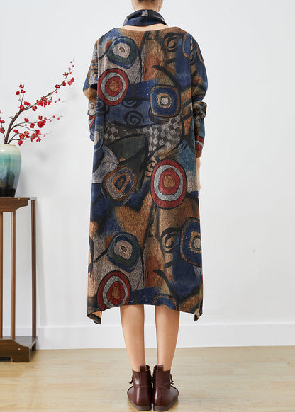 Navy Oversized Print Woolen Dress Two Piece Set Fall