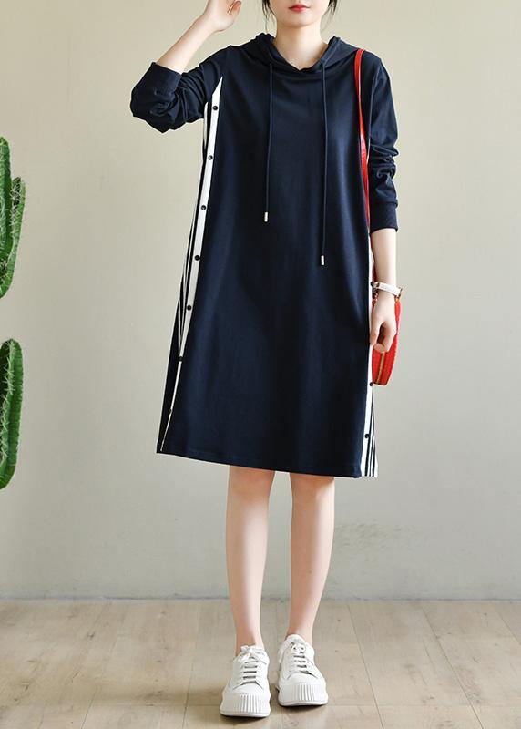 Navy Patchwork Cotton Hooded Dresses