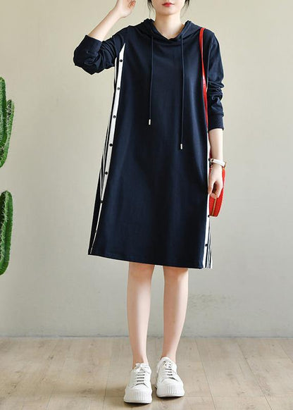 Navy Patchwork Cotton Hooded Dresses
