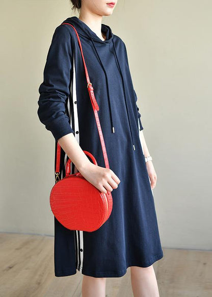 Navy Patchwork Cotton Hooded Dresses