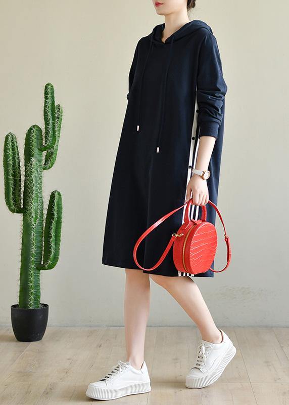 Navy Patchwork Cotton Hooded Dresses