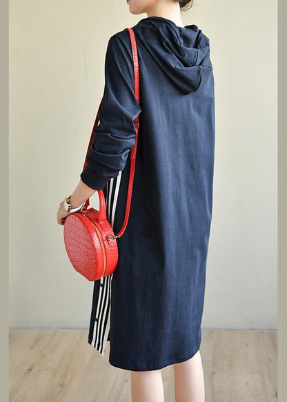 Navy Patchwork Cotton Hooded Dresses