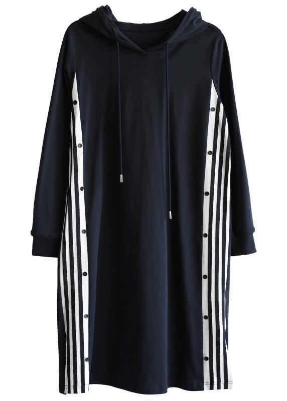 Navy Patchwork Cotton Hooded Dresses