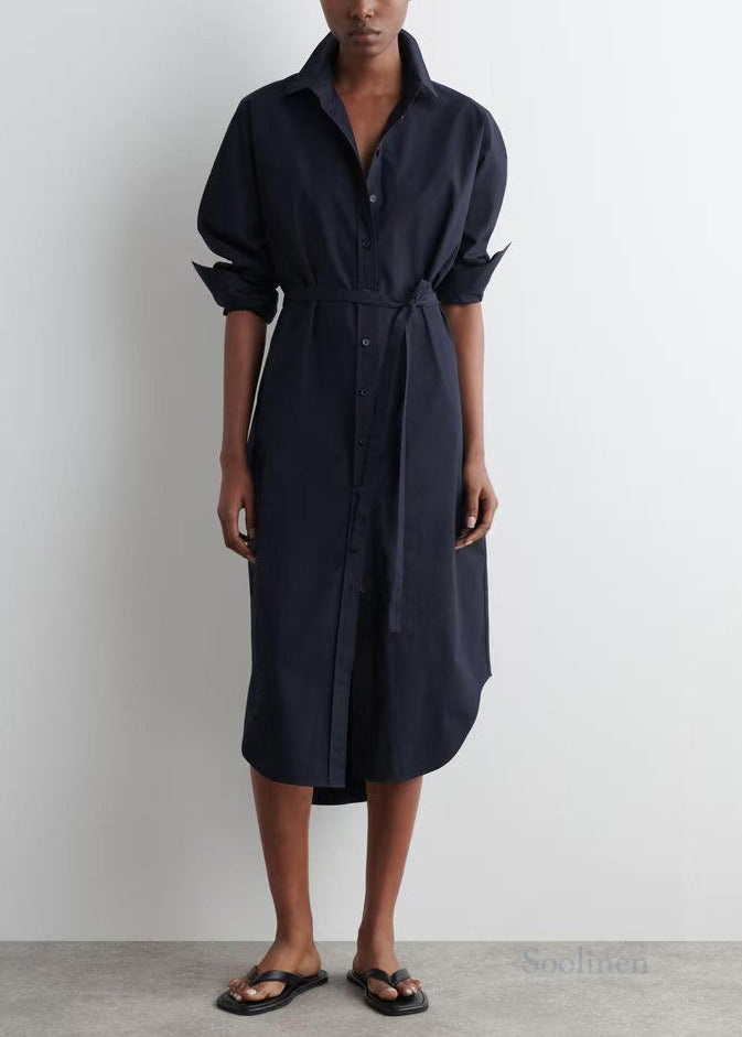 Navy Peter Pan Collar Cotton Long Shitrs Tunic Dress Spring
