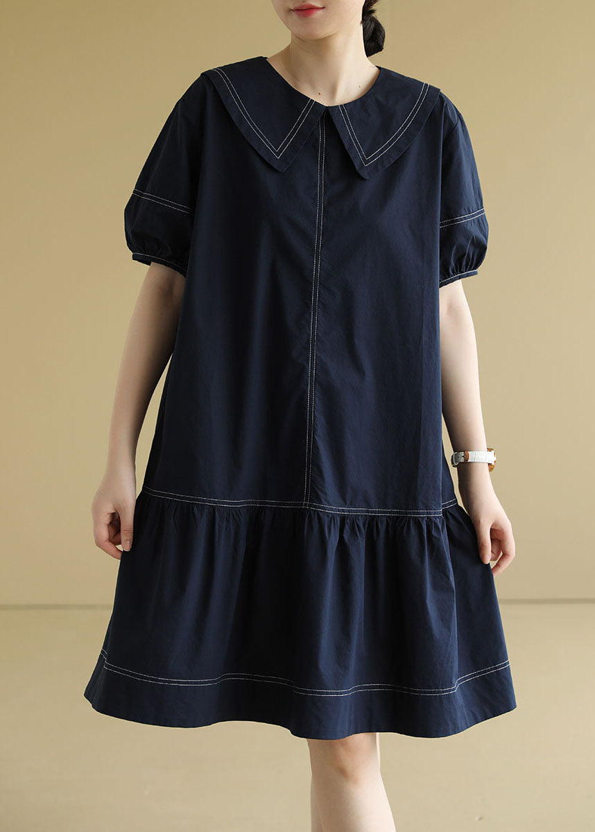 Navy Peter Pan Collar Patchwork Cotton Mid Dress Short Sleeve