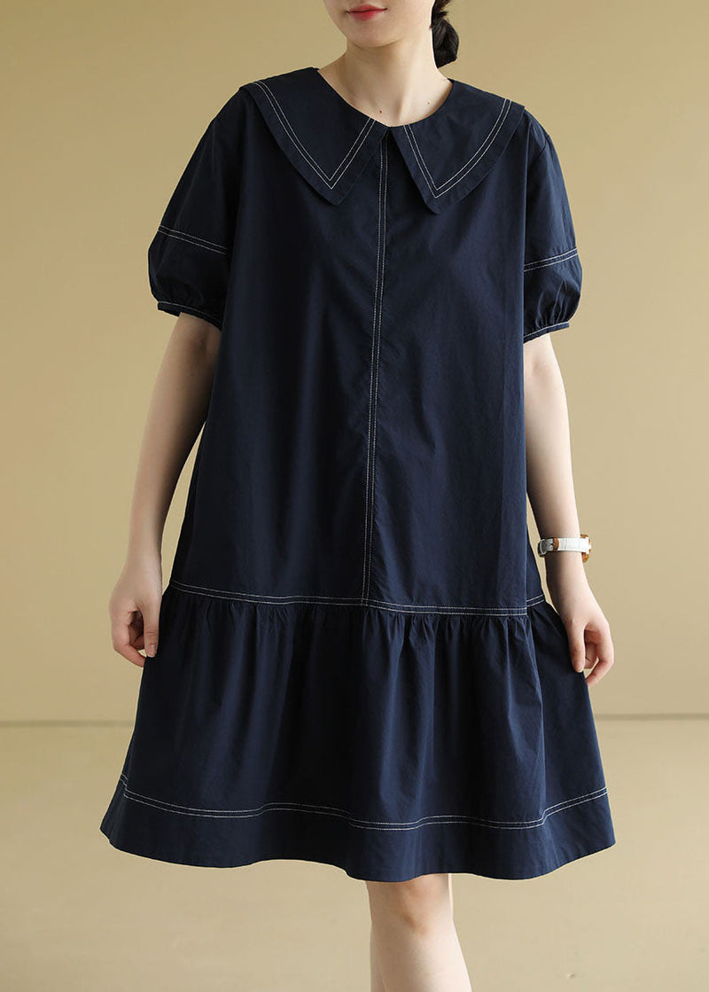 Navy Peter Pan Collar Patchwork Cotton Mid Dress Short Sleeve