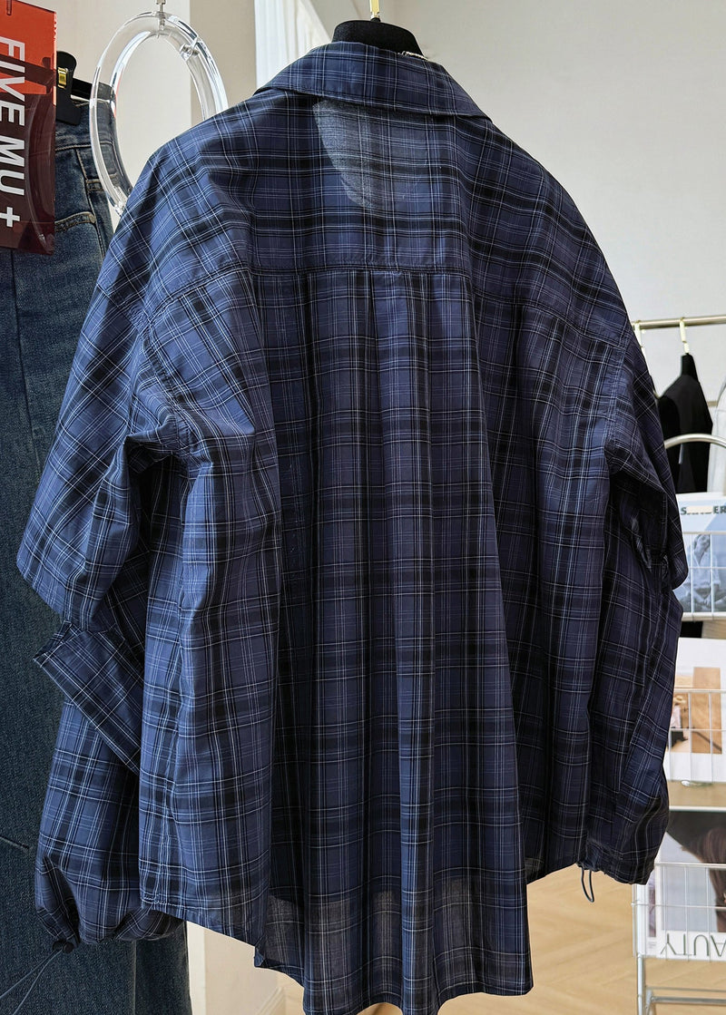 Navy Peter Pan Collar Plaid Drawstring Cotton Shirt Top Fall