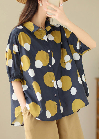 Black Abstract Peter Pan Collar Print Cotton Shirt Tops Summer