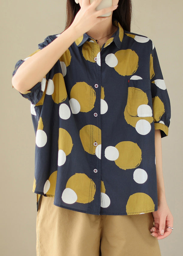 Black Abstract Peter Pan Collar Print Cotton Shirt Tops Summer