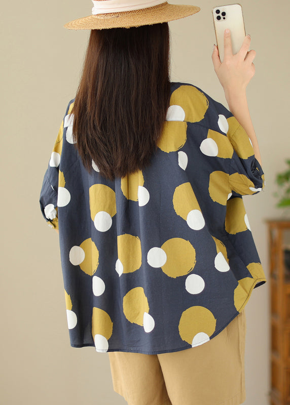 Navy Peter Pan Collar Print Cotton Shirt Tops Summer