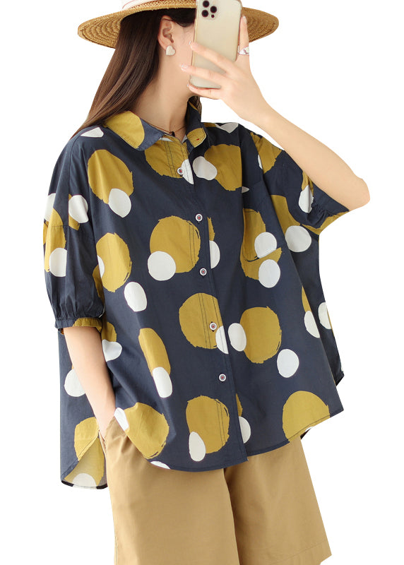 Yellow Stripes Peter Pan Collar Print Cotton Shirt Tops Summer