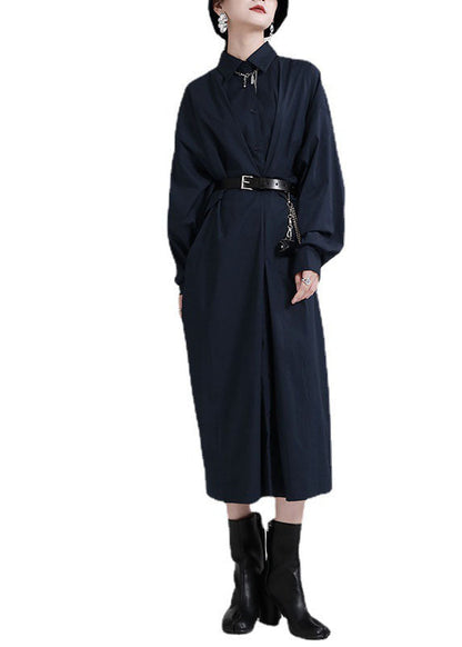 Navy Peter Pan Collarbuttonasymmetrical Design Fall Ankle Dress Long Sleeve