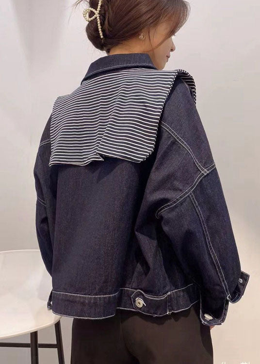 Navy Pockets Button Patchwork Fall Long Sleeve Denim Coat